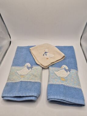 R.A. BRIGGS Embroidered Duck Geese Hand Towels Set of 3 16x24 Blue/White